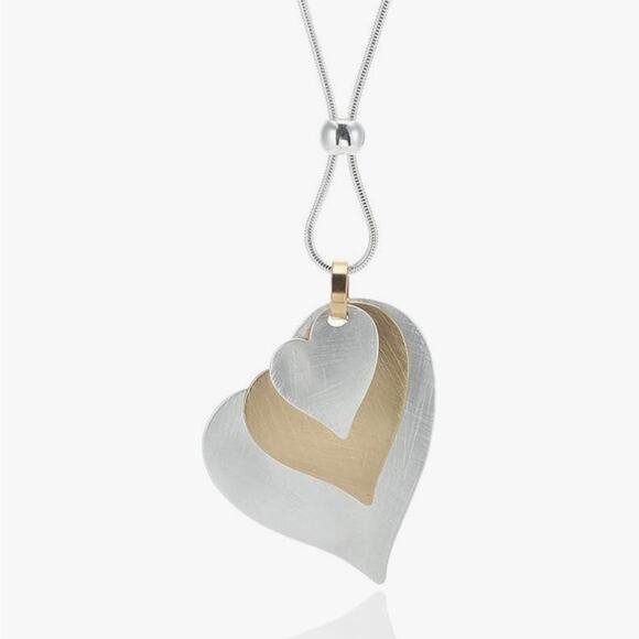 Oversized Silver Tone Heart Pendant Necklace layered Snake Chain Modern Retro - Picture 1 of 9